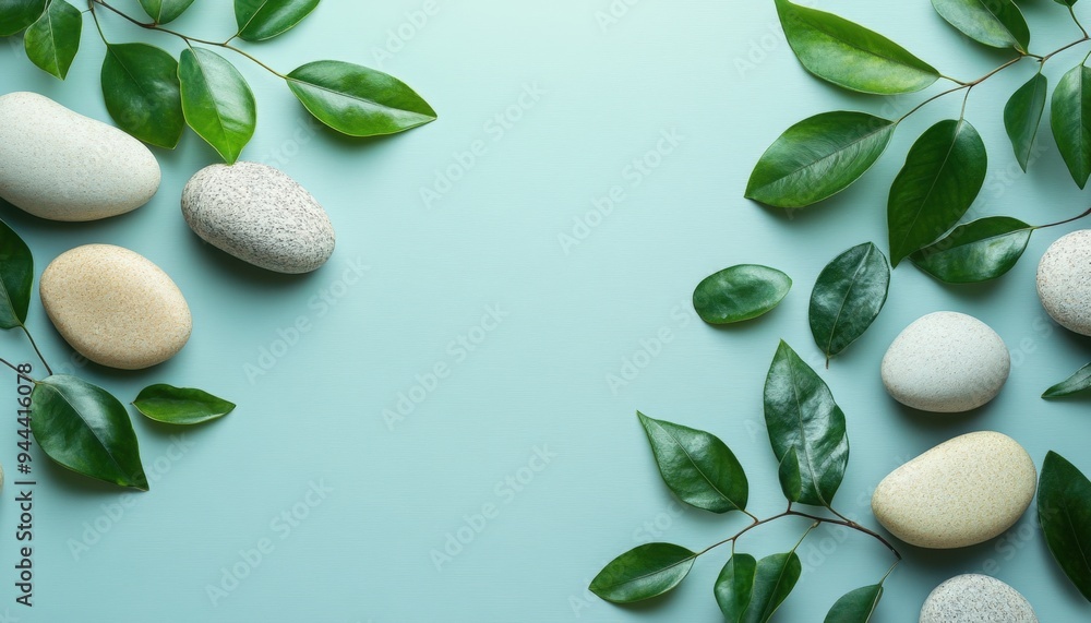 Aufkleber arrangement of smooth stones and green leaves on a light background creating a tranquil natural sett