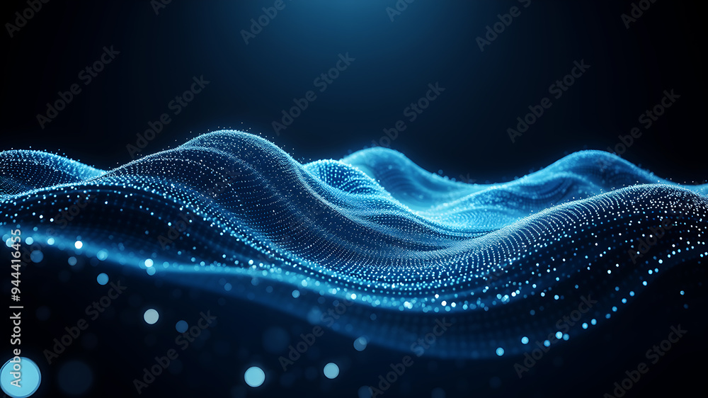 Poster a dynamic wave of data points flowing through a dark digital landscape