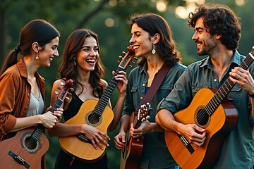 Obraz premium Group of friends jamming together with guitars, perfect for music or social media use