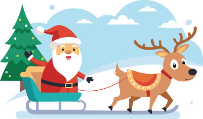 Fototapeta premium Santa Claus riding a sleigh pulled by a reindeer through a snowy landscape, representing Christmas joy and tradition