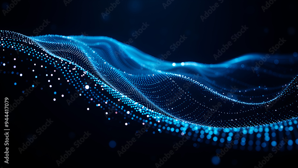 Poster a dynamic wave of data points flowing through a dark digital landscape