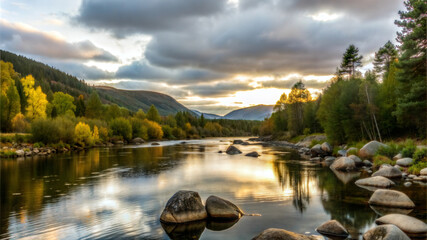 river landscape, where the river is fringed by cliffs and a lush forest grows along its banks