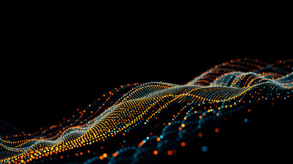 Obraz premium A dynamic wave of data points flowing through a dark digital landscape