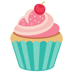 Colorful Cupcake Vector Illustration with Cherry on Top Pink Frosting Delicious Dessert Art