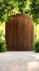 A rustic wooden gate framed by vibrant green foliage, inviting serene outdoor spaces and nature's beauty.