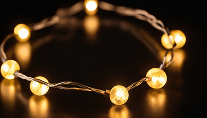 String of gold festive lights glowing warmly in the dark, creating a cozy atmosphere