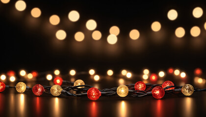 String of red and gold festive lights glowing warmly in the dark, creating a cozy atmosphere