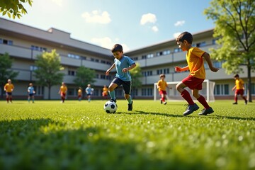 Obraz premium Kids play soccer together on a grassy field, having fun and exercising teamwork