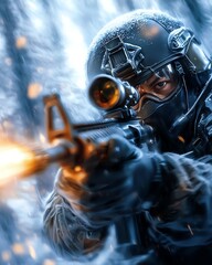 Fototapeta premium A focused soldier in winter gear aims a sniper rifle, capturing the intensity of combat in a snowy environment.