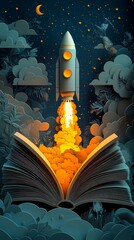 3D paper art of an open book with a rocket launching from inside