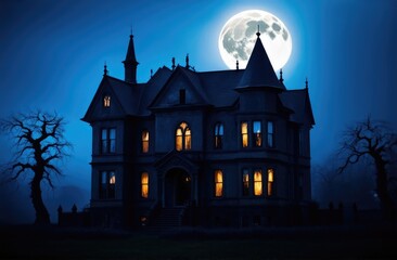dark eerie Victorian haunted mansion on foggy Halloween night with twisted trees and full moon