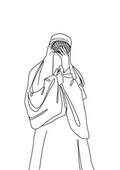 Woman in burka in despair outline illustration. A muslim woman in a burqa or burka one line illustration, isolated on transparent background.  Refugee poster concept. Save Afghan women
