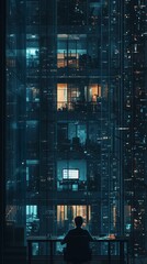 The view of a building with glass windows in the middle of the night