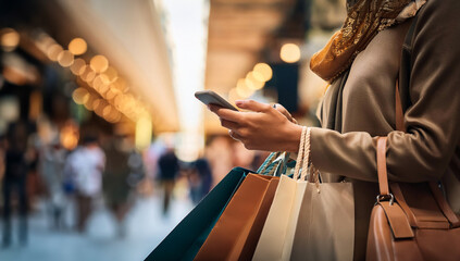 Young lady in the mall, phone in hand. She stands with shopping bags on her arm. Black Friday Sales