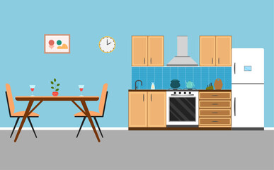 Furnished kitchen. Table, stove, cabinet, food and refrigerator. Flat style vector illustration