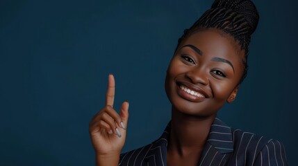 African Woman with Braided Hair Pointing Upwards
