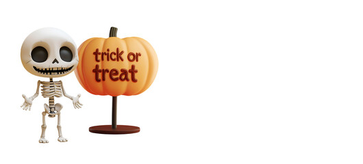 Fototapeta premium Trick or Treat with 3D Skeleton: Halloween Celebration in Cartoon Banner with Text Copy Space, Isolated on Transparent Background, PNG