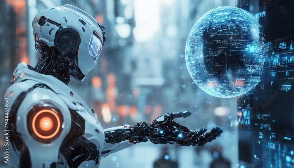 Poster a futuristic robot interacts with a holographic orb in a high-tech urban environment during twilight