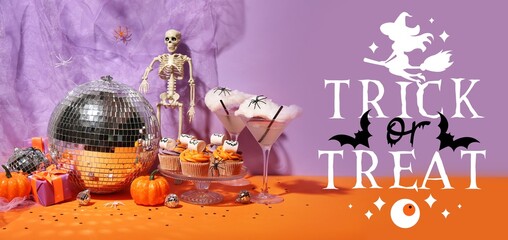 Banner for Halloween with decorations and different sweets on lilac background