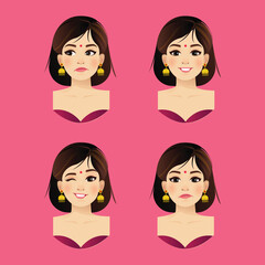 An Indian woman with different facial expressions Character Design and a vector Background