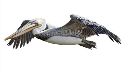 A pelican gliding gracefully over calm waters during a clear day in a coastal location