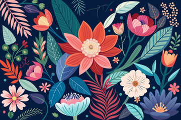 This image showcases a digitally created, vibrant floral pattern featuring various flowers with a dark background, highlighting the contrast and beauty of each element.
