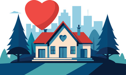 House with a heart symbolizing love, family, and warmth in a home setting in a flat vector illustration