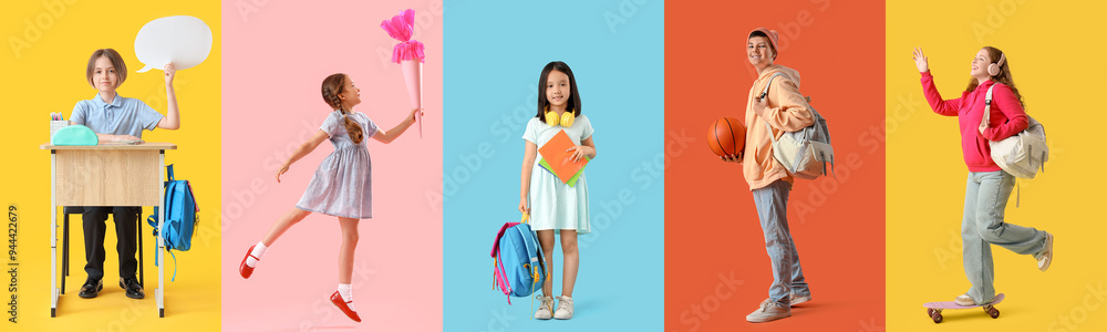 Poster set of many students on color background