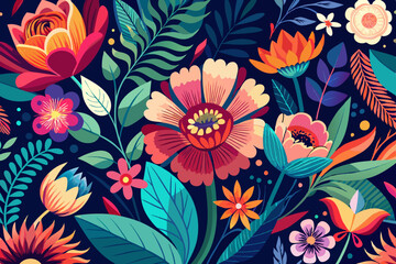 This image showcases a digitally created, vibrant floral pattern featuring various flowers with a dark background, highlighting the contrast and beauty of each element.
