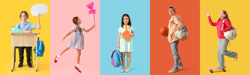 Set of many students on color background