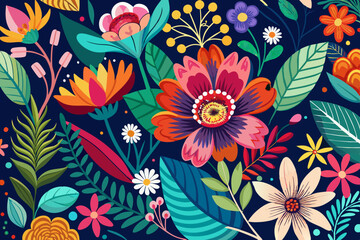 This image showcases a digitally created, vibrant floral pattern featuring various flowers with a dark background, highlighting the contrast and beauty of each element.
