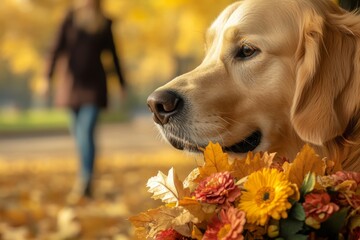 a close-up of a golden retriever's face, holding a bouquet of autumn flowers and leaves, with a blurred image of its owner walking in the background illustration