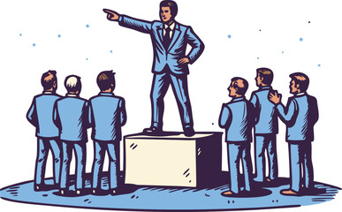 Obraz premium Leader standing on a podium giving a speech to an audience, symbolizing leadership, authority, and public speaking in a handdrawn illustration