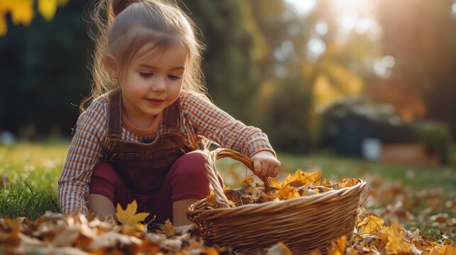 A young girl gathers colorful autumn leaves in a wicker basket during a sunny afternoon in a vibrant backyard