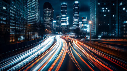 Fototapeta premium A dynamic cityscape at night with skyscrapers and city street filled with car headlights creating long exposure trails of light, capturing the energy and vibrancy urban lifestyle with in modren city