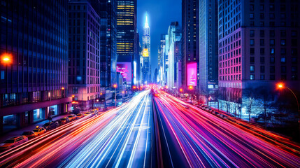 A dynamic cityscape at night with skyscrapers and city street filled with car headlights creating long exposure trails of light, capturing the energy and vibrancy urban lifestyle with in modren city