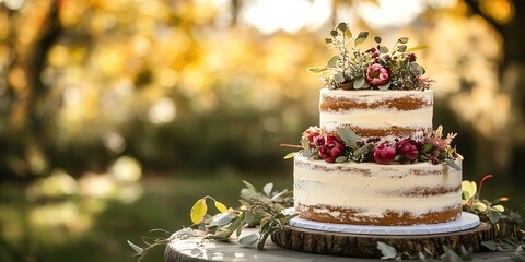 A rustic wedding cake with natural decorations, sitting on an outdoor table at the edge of a garden