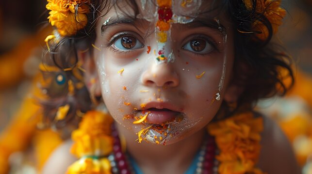 A young child adorned with marigolds and a tilak mark, their eyes wide and curious.