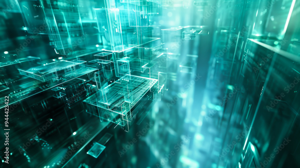 Poster a computer generated image of a cityscape with many buildings and glass windows. the image has a fut