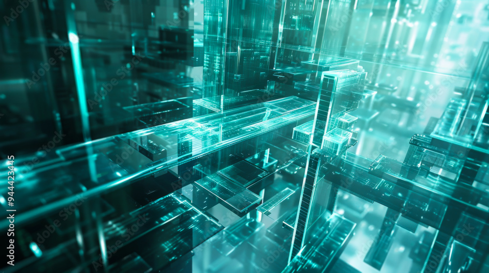 Poster a computer generated image of a cityscape with many buildings and glass windows. the image has a fut