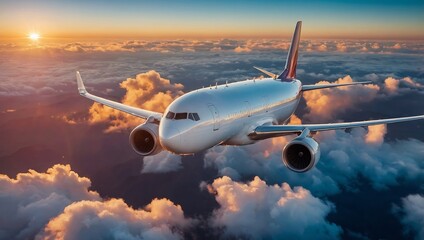 Commercial airplane above fluffy clouds at sunset, highlighting vibrant hues