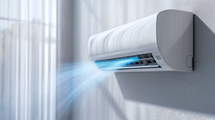 A white air conditioner emitting cool blue breeze