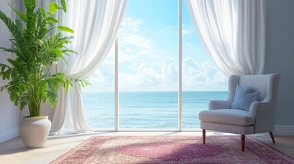 Fototapeta premium Detail of flat or living room with sea view on a sunny day. Romantic space with large window and armchair and carpet on the left. There is a feeling of peace and quiet. 