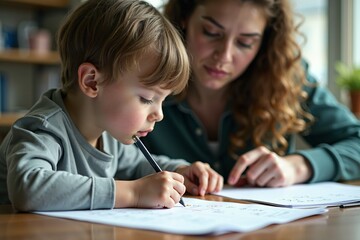 A mother or tutor assisting a young student with their studies, great for education and family themes