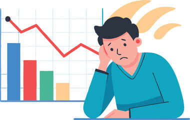 Worried man looking at a falling stock chart, symbolizing financial loss, economic crisis, and failure in a flat vector illustration