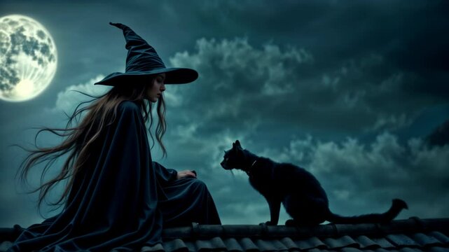 A witch sits on a rooftop, silhouetted against a full moon, with a black cat beside her. The scene is mystical and atmospheric, evoking the essence of Halloween and magic under the night sky.