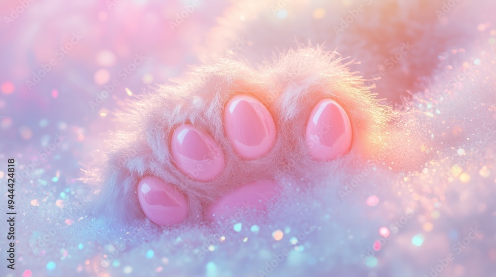 Poster a close-up view of a fluffy pink paw resting on soft, colorful clouds with shimmering light effects 