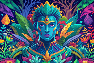 A detailed illustration of a person surrounded by vibrant floral patterns and foliage, depicting a fusion of human and nature elements in a striking and colorful composition
