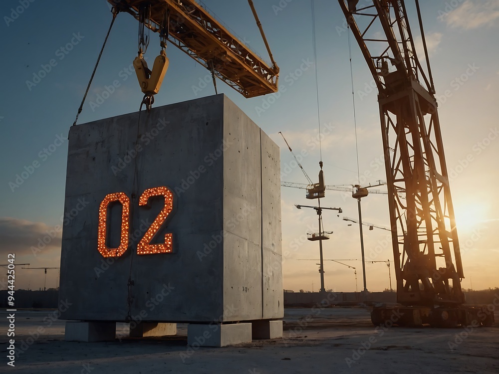 Poster concrete cube displaying with a crane lifting a new number