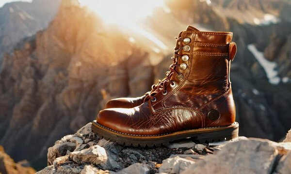 Leather hiking boots on rocky mountain terrain